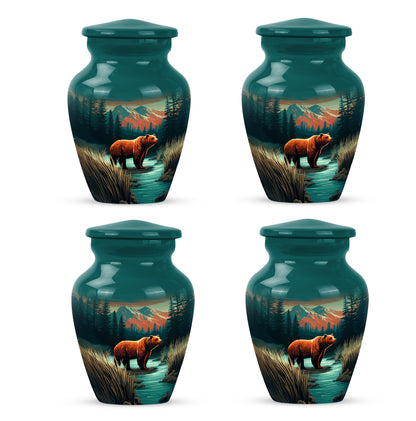 Cool Teal Bear Cremation Urn side profile showing urn shape - timeless bear motif etched into premium metal - 10 inch aluminum urn for cremated remains