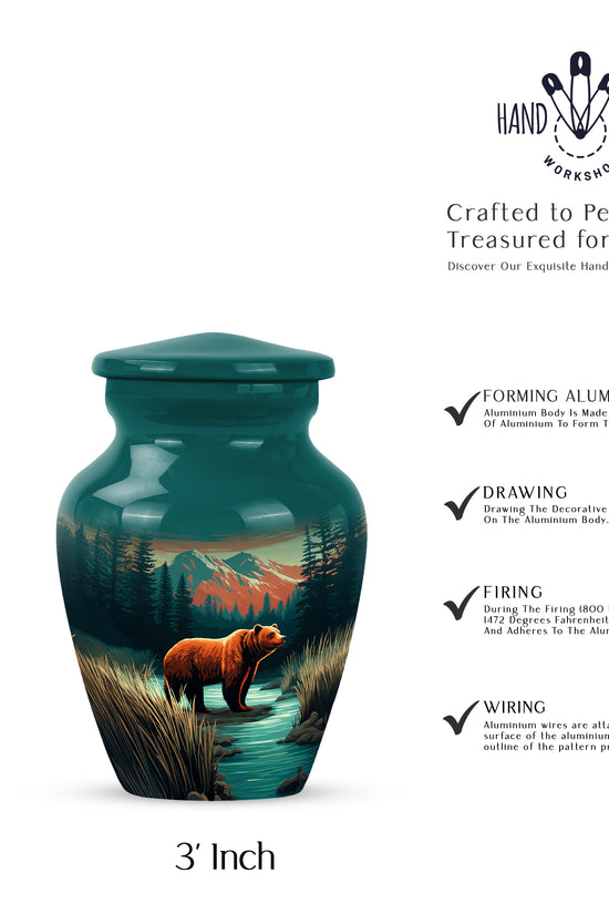 Soft Teal Bear Cremation Urn close-up of engraving and surface detail - timeless bear motif etched into premium metal - mini keepsake memorial for portion of cremation ashes