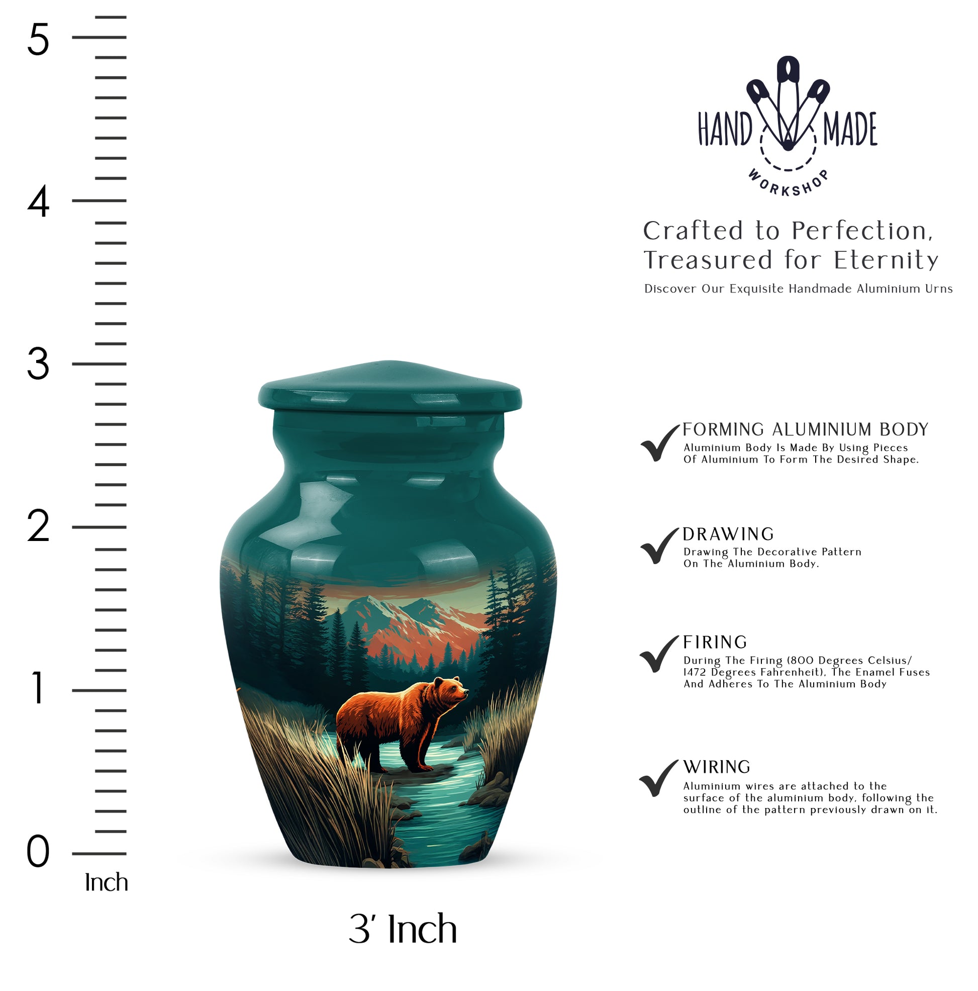 Soft Teal Bear Cremation Urn close-up of engraving and surface detail - timeless bear motif etched into premium metal - mini keepsake memorial for portion of cremation ashes