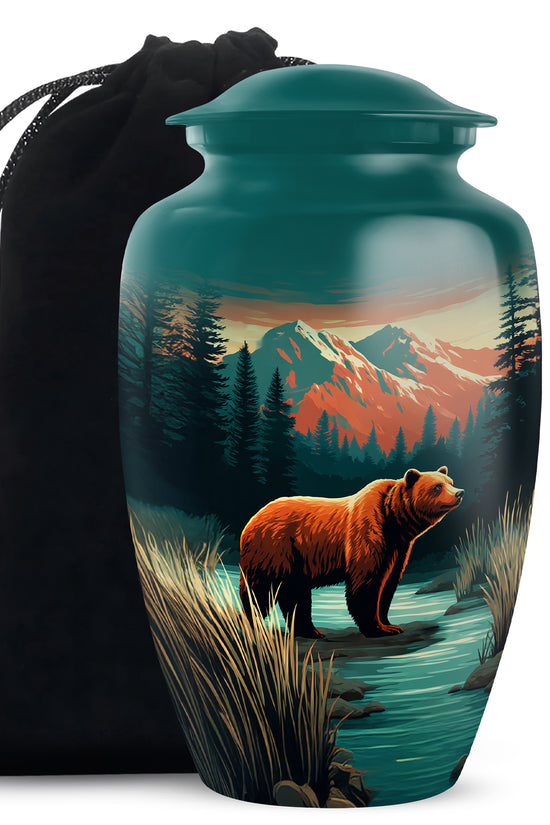 Tropical Teal Bear Cremation Urn angled view of lid and engraved motif - traditional bear engraving with hand-polished finish - full-size 10 inch 200 cubic inch adult cremation urn
