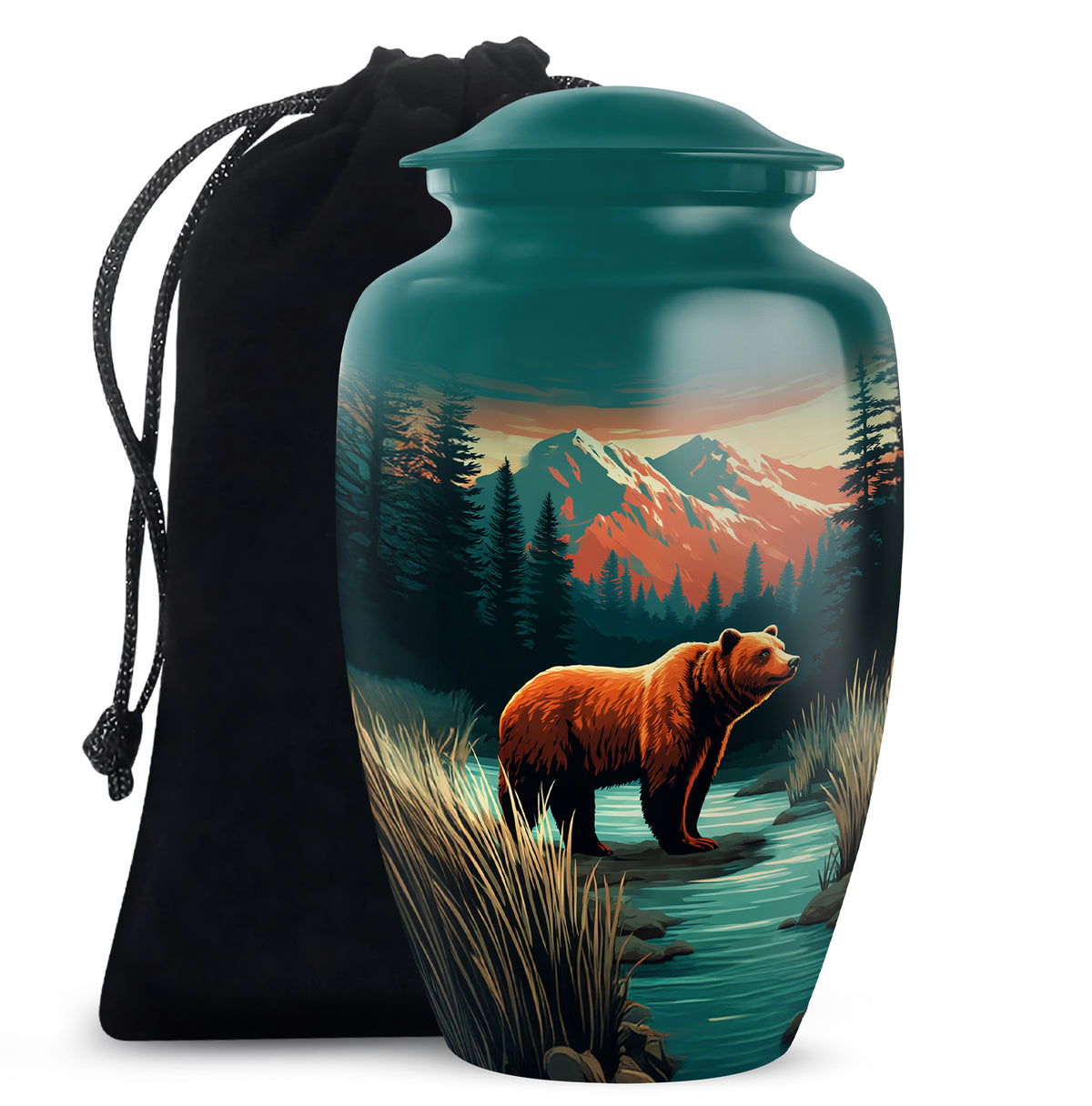 Tropical Teal Bear Cremation Urn angled view of lid and engraved motif - traditional bear engraving with hand-polished finish - full-size 10 inch 200 cubic inch adult cremation urn