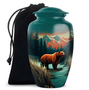 Tropical Teal Bear Cremation Urn angled view of lid and engraved motif - traditional bear engraving with hand-polished finish - full-size 10 inch 200 cubic inch adult cremation urn