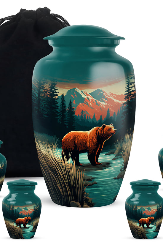 Ocean Teal Bear Cremation Urn top-down view of secure threaded lid - timeless bear motif etched into premium metal - memorial set with one large and four small urns