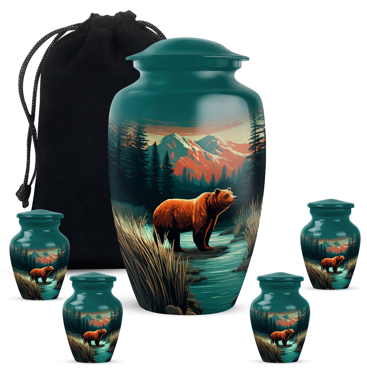 Ocean Teal Bear Cremation Urn top-down view of secure threaded lid - timeless bear motif etched into premium metal - memorial set with one large and four small urns