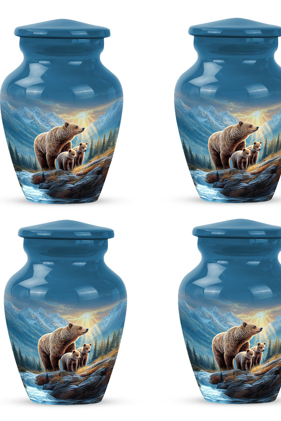 Navy Blue Bear Cremation Urn side profile showing urn shape - timeless bear motif etched into premium metal - 10 inch aluminum urn for cremated remains