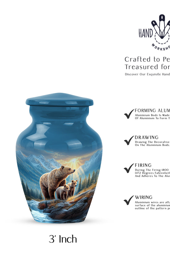 Sapphire Blue Bear Cremation Urn close-up of engraving and surface detail - traditional bear engraving with hand-polished finish - mini keepsake memorial for portion of cremation ashes