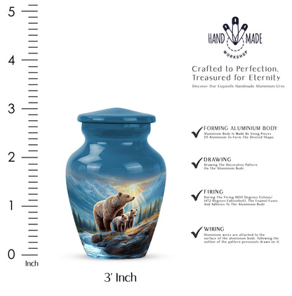 Sapphire Blue Bear Cremation Urn close-up of engraving and surface detail - traditional bear engraving with hand-polished finish - mini keepsake memorial for portion of cremation ashes
