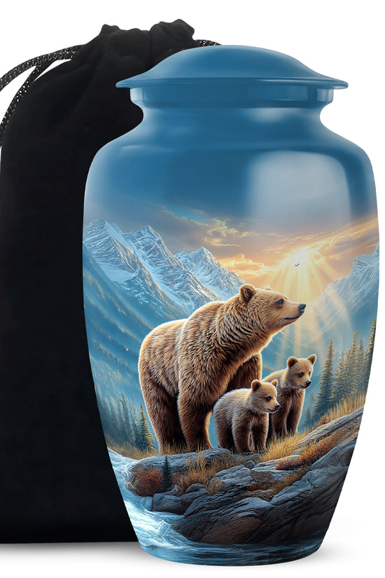 Misty Blue Bear Cremation Urn angled view of lid and engraved motif - classic sculpted bear pattern on smooth aluminum - full-size 10 inch 200 cubic inch adult cremation urn