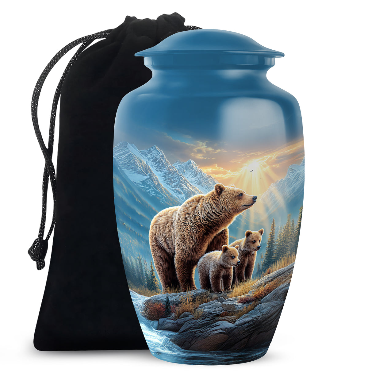 Misty Blue Bear Cremation Urn angled view of lid and engraved motif - classic sculpted bear pattern on smooth aluminum - full-size 10 inch 200 cubic inch adult cremation urn
