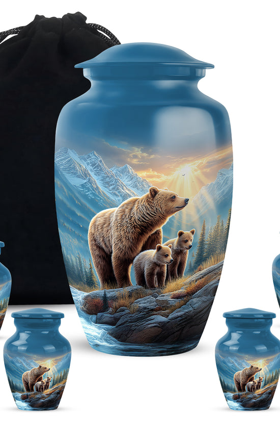 Sky Blue Bear Cremation Urn top-down view of secure threaded lid - timeless bear motif etched into premium metal - memorial set with one large and four small urns