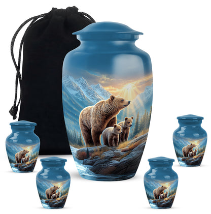 Sky Blue Bear Cremation Urn top-down view of secure threaded lid - timeless bear motif etched into premium metal - memorial set with one large and four small urns