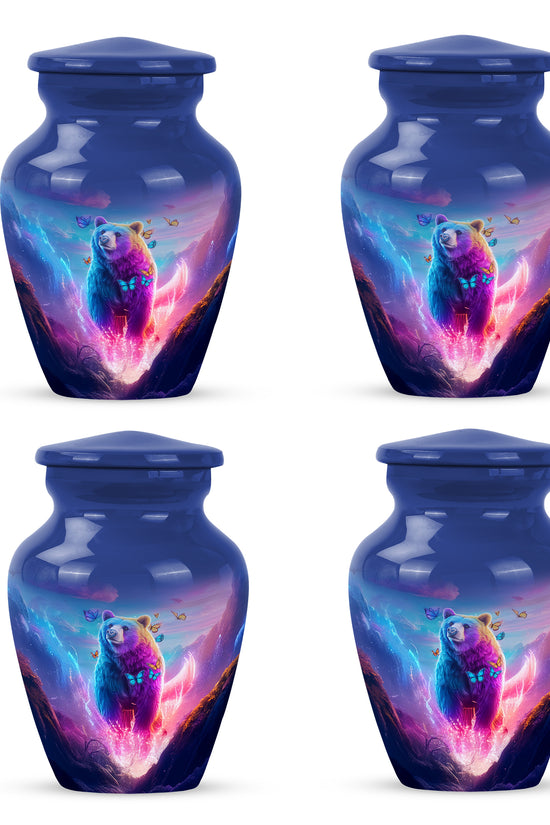 Pastel Blue Bear Cremation Urn side profile showing urn shape - timeless bear motif etched into premium metal - 10 inch aluminum urn for cremated remains