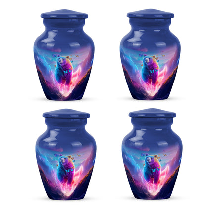Pastel Blue Bear Cremation Urn side profile showing urn shape - timeless bear motif etched into premium metal - 10 inch aluminum urn for cremated remains