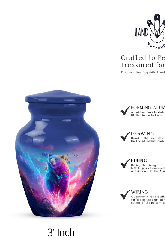Azure Bear Cremation Urn close-up of engraving and surface detail - classic sculpted bear pattern on smooth aluminum - mini keepsake memorial for portion of cremation ashes