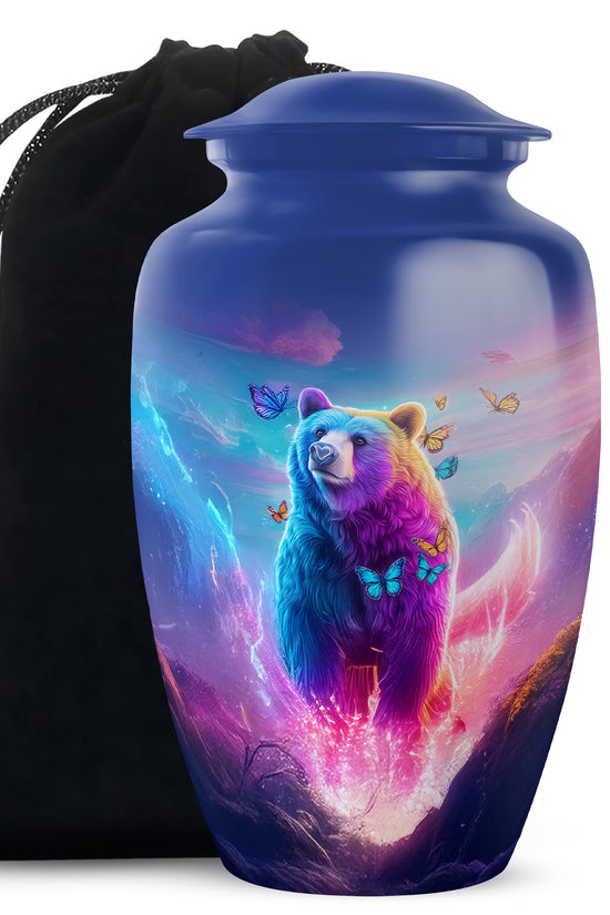 Slate Blue Bear Cremation Urn angled view of lid and engraved motif - timeless bear motif etched into premium metal - full-size 10 inch 200 cubic inch adult cremation urn