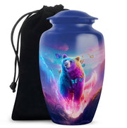 Slate Blue Bear Cremation Urn angled view of lid and engraved motif - timeless bear motif etched into premium metal - full-size 10 inch 200 cubic inch adult cremation urn