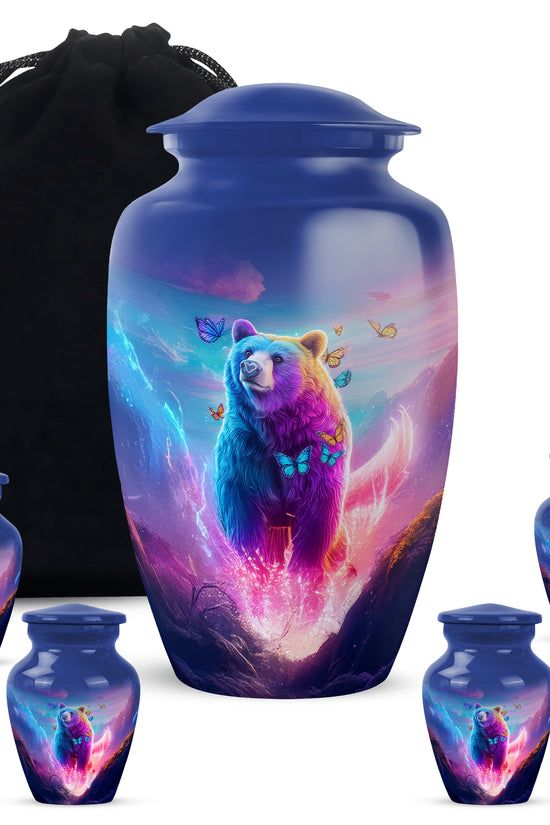Slate Blue Bear Cremation Urn top-down view of secure threaded lid - timeless bear motif etched into premium metal - memorial set with one large and four small urns