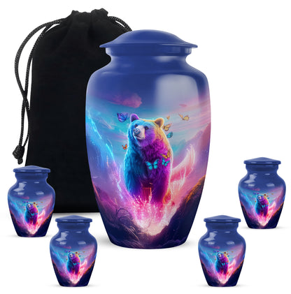 Slate Blue Bear Cremation Urn top-down view of secure threaded lid - timeless bear motif etched into premium metal - memorial set with one large and four small urns