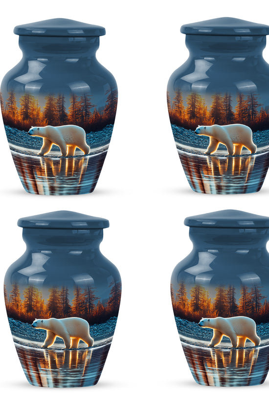 Soft Blue Bear Cremation Urn side profile showing urn shape - elegant classic bear relief with fine detailing - 10 inch aluminum urn for cremated remains