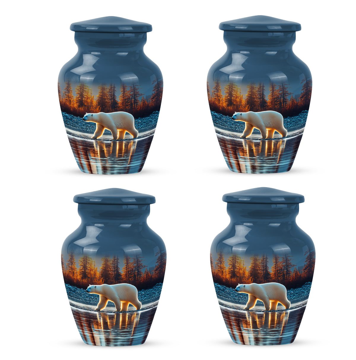 Soft Blue Bear Cremation Urn side profile showing urn shape - elegant classic bear relief with fine detailing - 10 inch aluminum urn for cremated remains