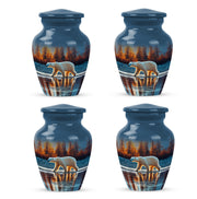 Soft Blue Bear Cremation Urn side profile showing urn shape - elegant classic bear relief with fine detailing - 10 inch aluminum urn for cremated remains