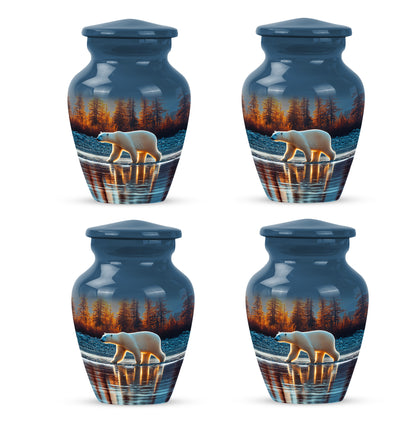 Soft Blue Bear Cremation Urn side profile showing urn shape - elegant classic bear relief with fine detailing - 10 inch aluminum urn for cremated remains