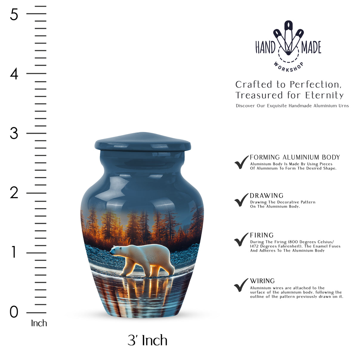 Serene Blue Bear Cremation Urn close-up of engraving and surface detail - traditional bear engraving with hand-polished finish - mini keepsake memorial for portion of cremation ashes