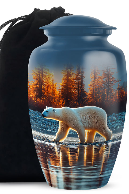 Misty Blue Bear Cremation Urn angled view of lid and engraved motif - timeless bear motif etched into premium metal - full-size 10 inch 200 cubic inch adult cremation urn