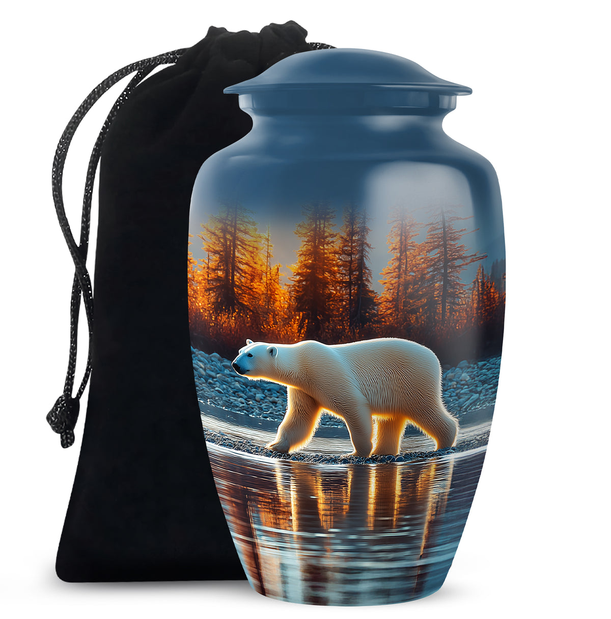 Misty Blue Bear Cremation Urn angled view of lid and engraved motif - timeless bear motif etched into premium metal - full-size 10 inch 200 cubic inch adult cremation urn