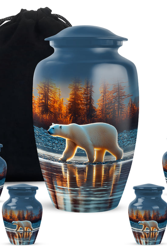 Serene Blue Bear Cremation Urn top-down view of secure threaded lid - elegant classic bear relief with fine detailing - memorial set with one large and four small urns