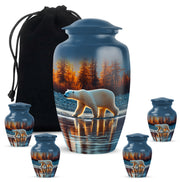 Serene Blue Bear Cremation Urn top-down view of secure threaded lid - elegant classic bear relief with fine detailing - memorial set with one large and four small urns