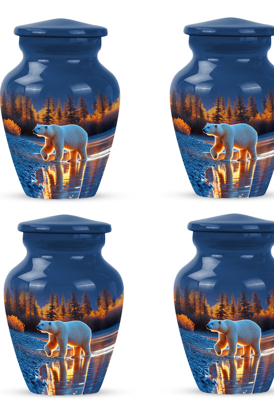 Sapphire Blue Bear Cremation Urn side profile showing urn shape - traditional bear engraving with hand-polished finish - 10 inch aluminum urn for cremated remains