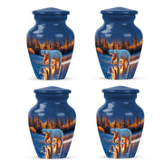 Sapphire Blue Bear Cremation Urn side profile showing urn shape - traditional bear engraving with hand-polished finish - 10 inch aluminum urn for cremated remains