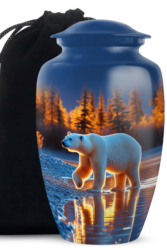 Cobalt Blue Bear Cremation Urn angled view of lid and engraved motif - elegant classic bear relief with fine detailing - full-size 10 inch 200 cubic inch adult cremation urn
