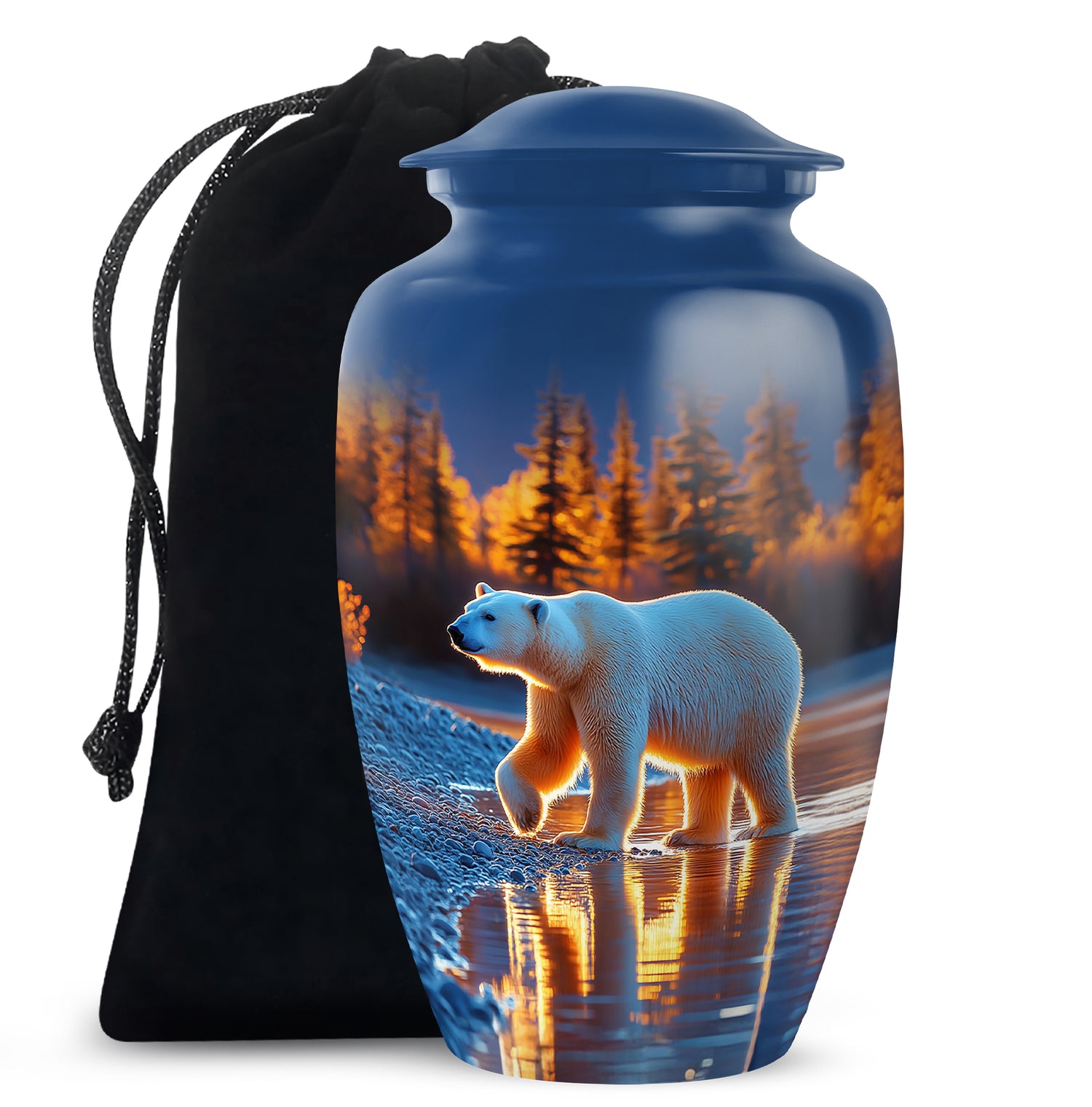 Cobalt Blue Bear Cremation Urn angled view of lid and engraved motif - elegant classic bear relief with fine detailing - full-size 10 inch 200 cubic inch adult cremation urn
