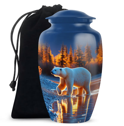 Cobalt Blue Bear Cremation Urn angled view of lid and engraved motif - elegant classic bear relief with fine detailing - full-size 10 inch 200 cubic inch adult cremation urn