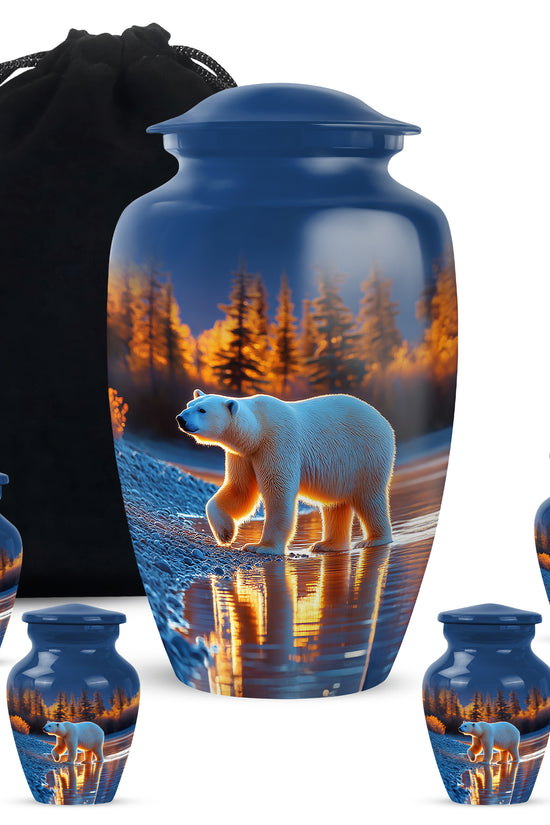 Sky Blue Bear Cremation Urn top-down view of secure threaded lid - classic sculpted bear pattern on smooth aluminum - memorial set with one large and four small urns