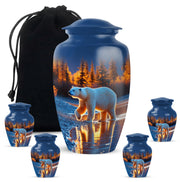 Sky Blue Bear Cremation Urn top-down view of secure threaded lid - classic sculpted bear pattern on smooth aluminum - memorial set with one large and four small urns