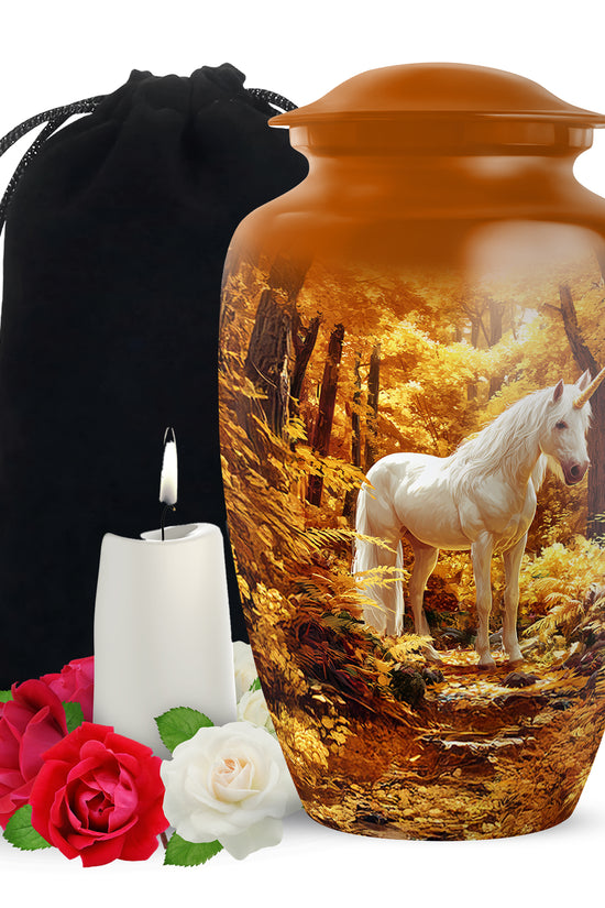 White Unicorn Cremation Urn - Autumn Forest Urn For Human Ashes