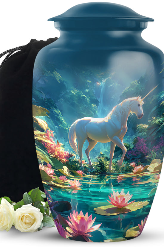 White Unicorn Theme Memorial Urn - Large Funeral Urn For Loved Ones