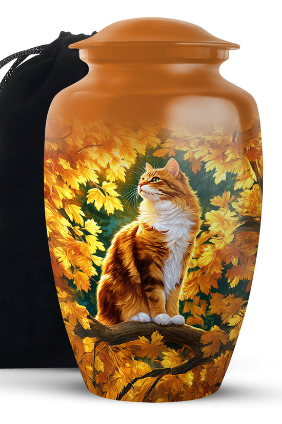 Autumn Golden Cat Memorial Urn - Decorative Funeral Urn For Adult Ashes