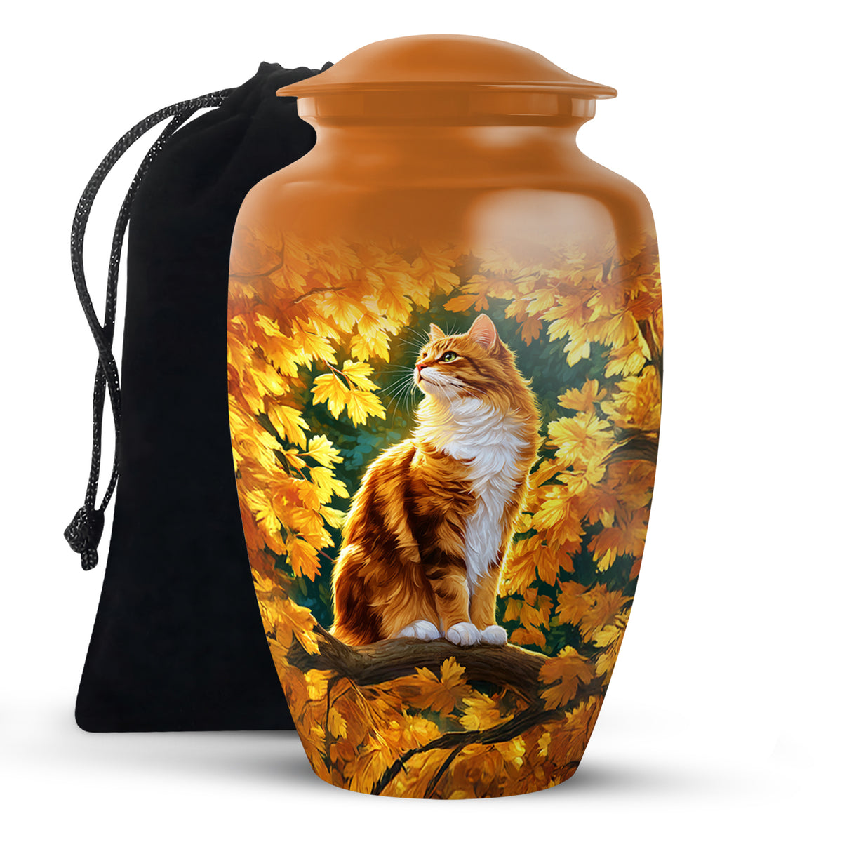 Autumn Golden Cat Memorial Urn - Decorative Funeral Urn For Adult Ashes