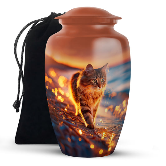 Sunset Beach Cat Memorial Urn -Glowing Cremation Urn For Loved Ones