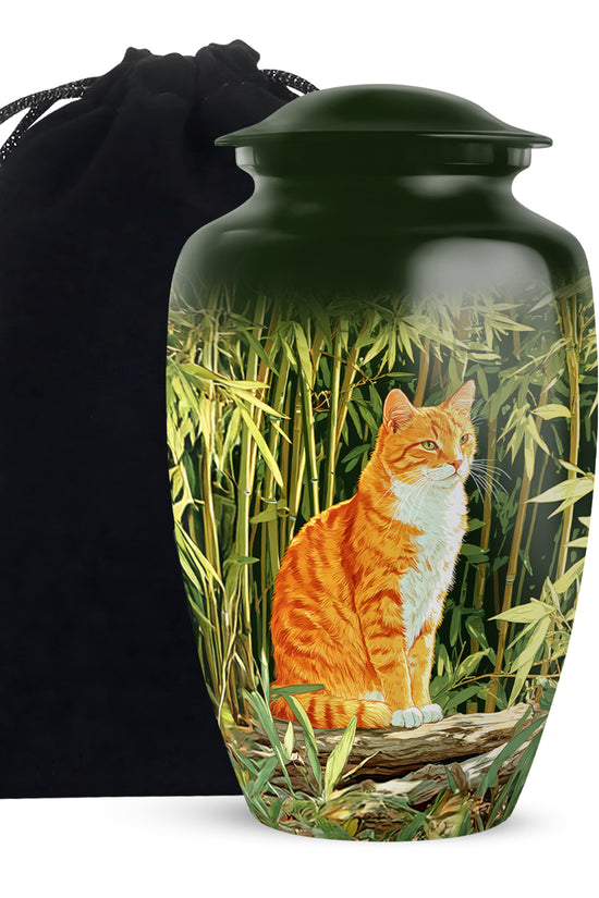 Orange Cat Cremation Urn - Nature Bamboo Design Memorial Urn For Cat Ashes