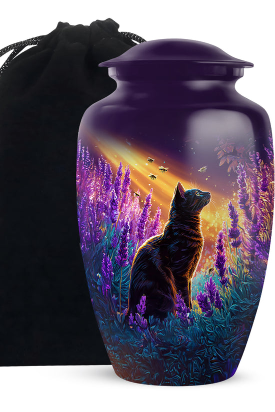 Black Cat Memorial Urn - Lavender Field Cremation Urn For Pet Ashes