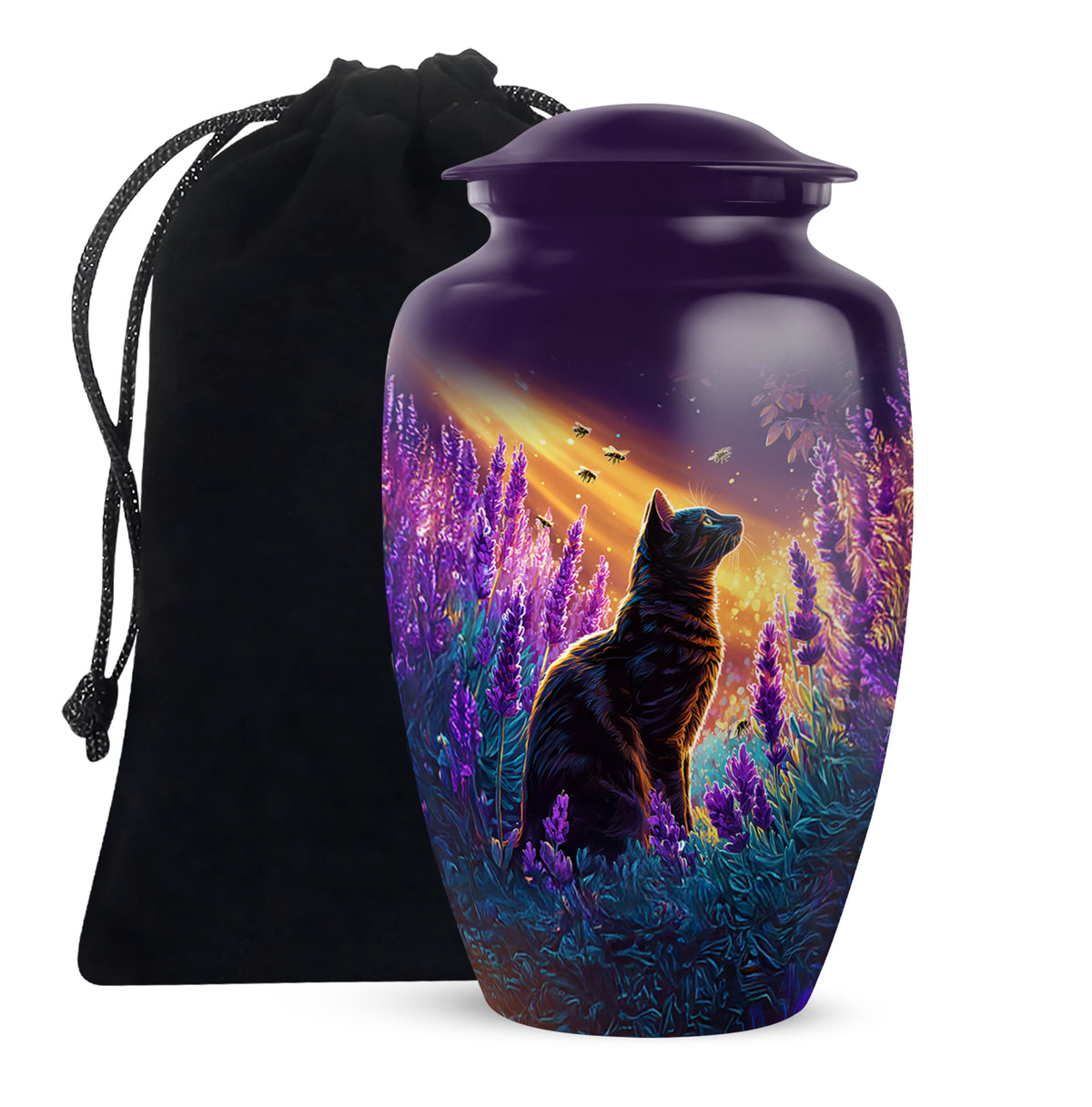 Black Cat Memorial Urn - Lavender Field Cremation Urn For Pet Ashes