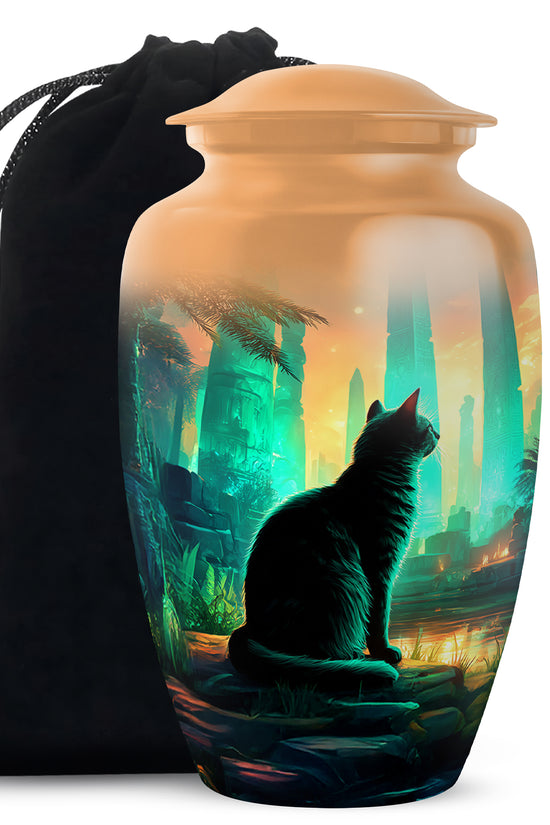 Mystic Cat Temple Funeral Urn - Decorative Aluminium Urn For Cat Ashes