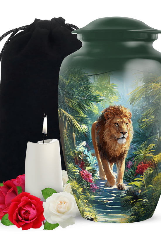 Jungle Lion Memorial Urn - Tropical Forest Cremation Urn For Dad