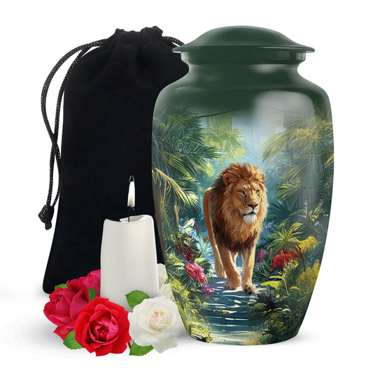 Jungle Lion Memorial Urn - Tropical Forest Cremation Urn For Dad