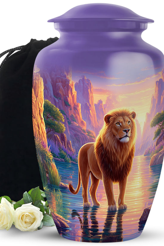 Lion Sunset Funeral Urn - Purple Aluminium Cremation Urn For Human Ashes